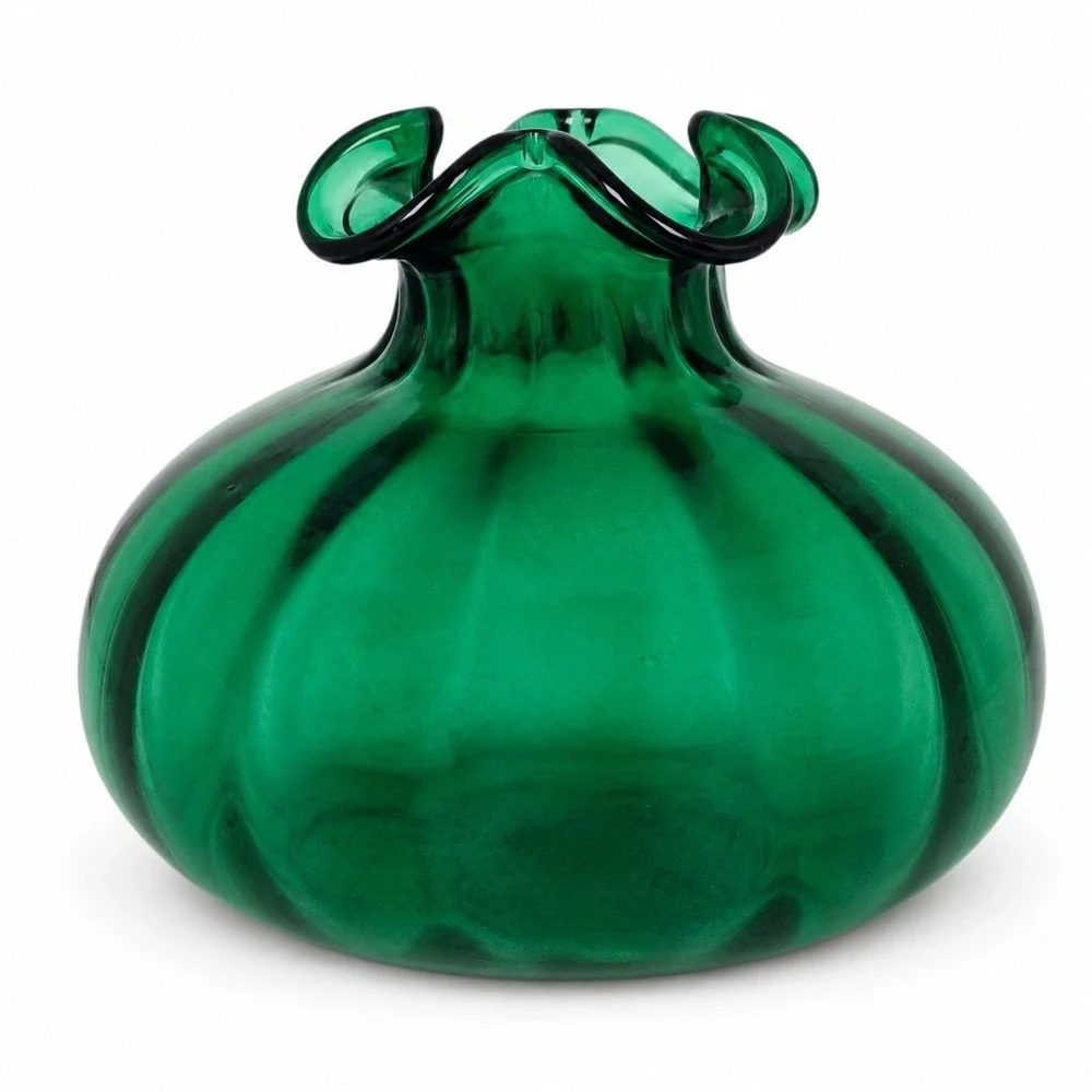 Vintage 1940s Beacon Glass Emerald Green Onion Vase Ruffled Rim Hand Blown